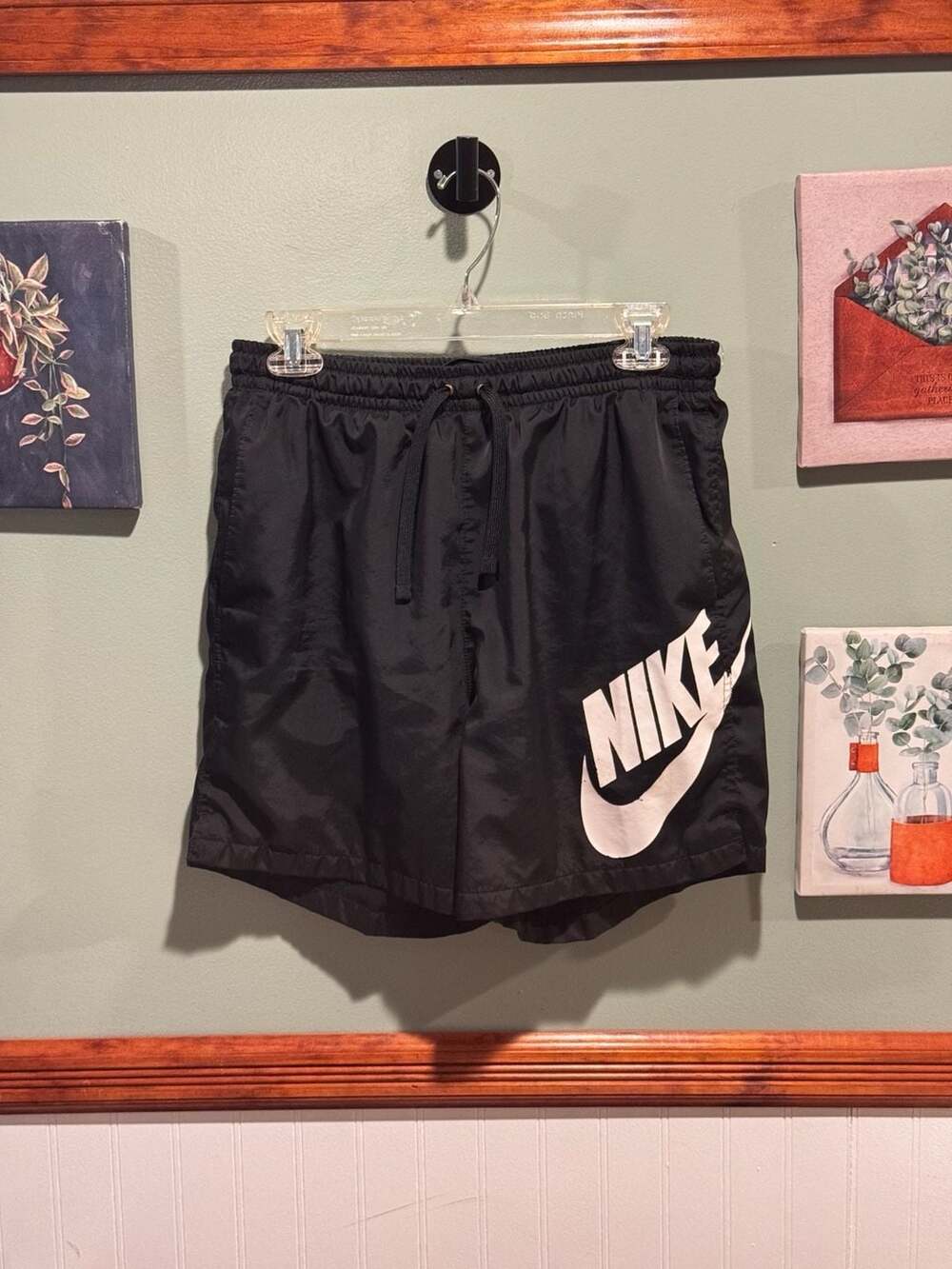 Nike Big Swoosh Black Woven Shorts with Drawstring Size L